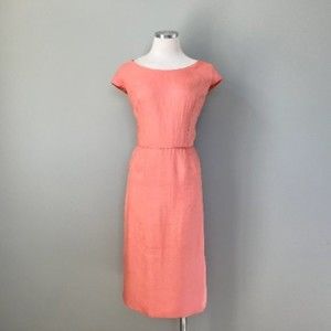 Vintage 1950s Sweet Peach Silk Linen Short Sleeve Summer Dress | Womens Sz Large